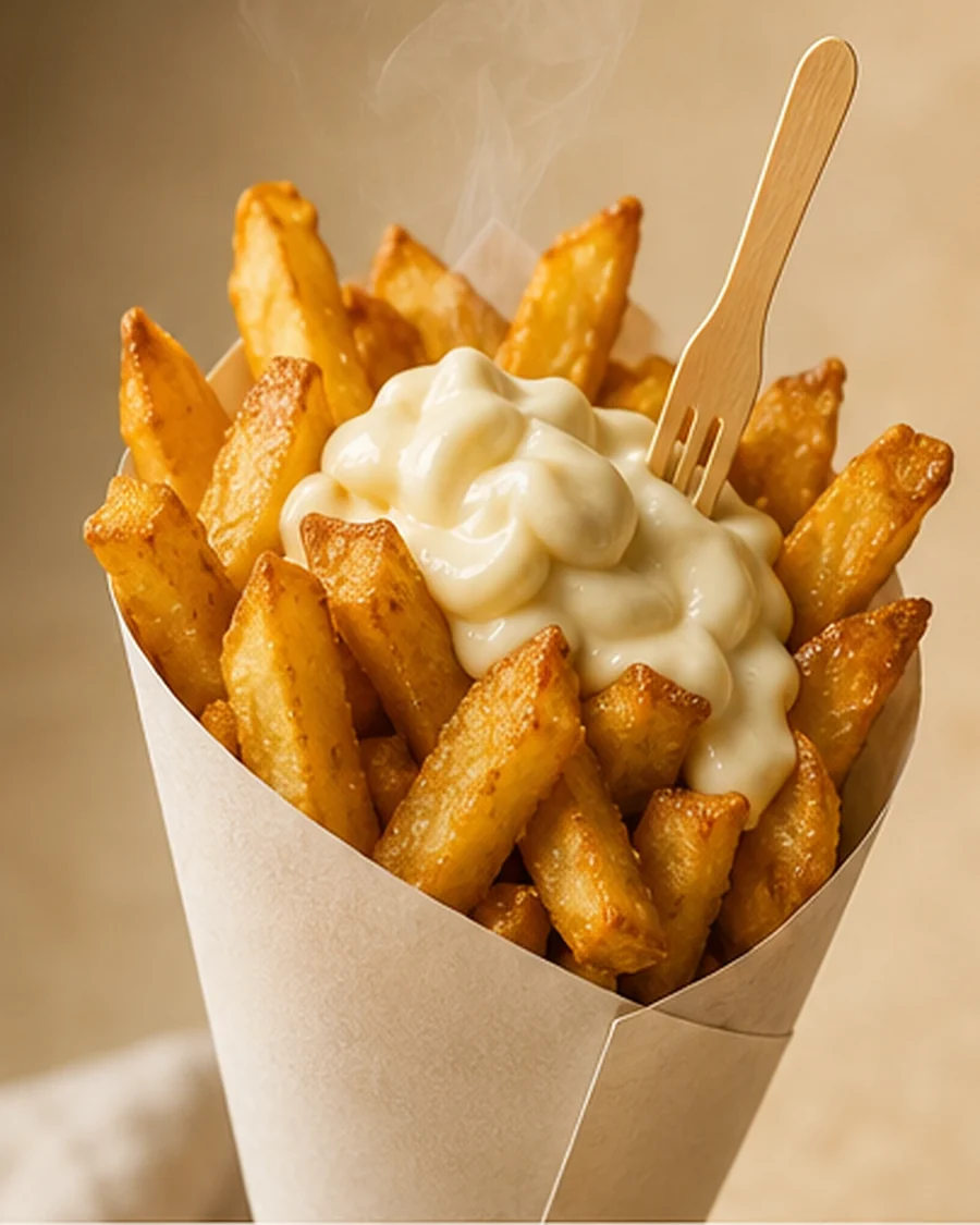 Dutch-style fries in a paper cone with mayonnaise